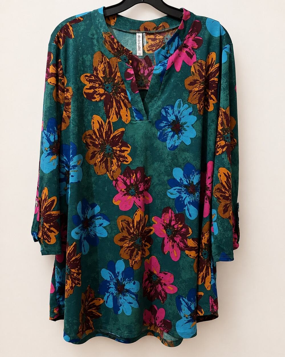 Dear Scarlett XL Teal Floral Tunic Blouse Split Neck Roll Tab Sleeve Travel